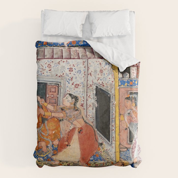 -India, Mughal, Reign of Akbar, 16th century - Page from Tales of a Parrot (Tuti-nama)- Eighth night- The deceitful wife a - 1962 Duvet Cover Gallery Image 6