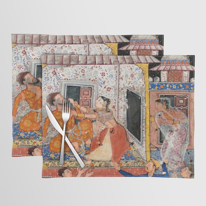 -India, Mughal, Reign of Akbar, 16th century - Page from Tales of a Parrot (Tuti-nama)- Eighth night- The deceitful wife a - 1962 Placemat Gallery Image 1