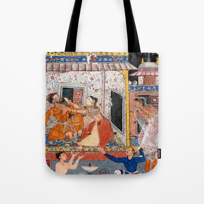-India, Mughal, Reign of Akbar, 16th century - Page from Tales of a Parrot (Tuti-nama)- Eighth night- The deceitful wife a - 1962 Tote Bag Gallery Image 1