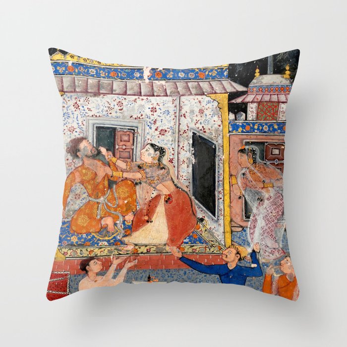 -India, Mughal, Reign of Akbar, 16th century - Page from Tales of a Parrot (Tuti-nama)- Eighth night- The deceitful wife a - 1962 Throw Pillow Gallery Image 1