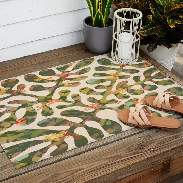 Matisse Inspired Colorful Abstract Leaves with Flowers Outdoor Rug Gallery Image 2