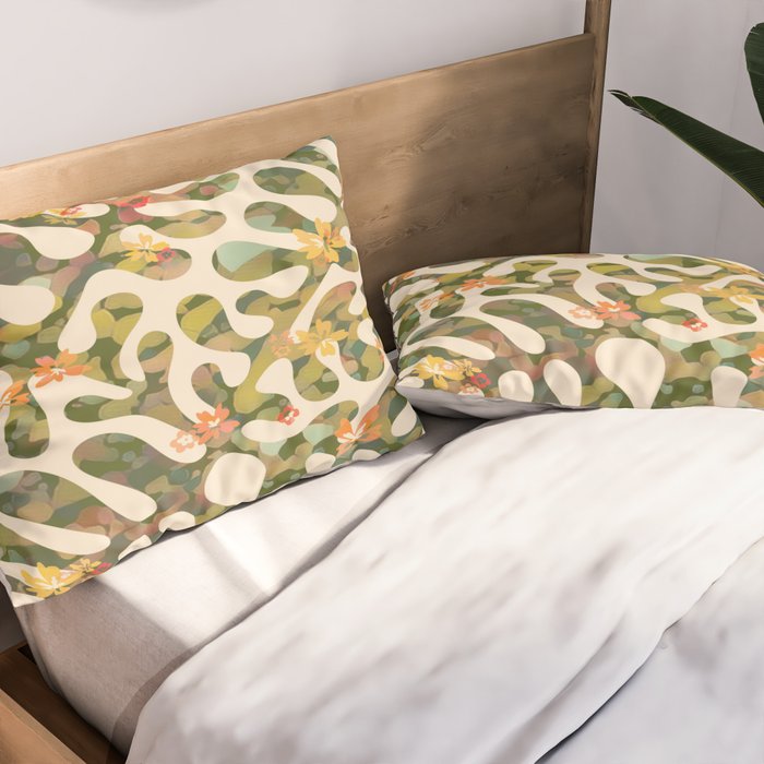Matisse Inspired Colorful Abstract Leaves with Flowers Pillow Sham Gallery Image 2