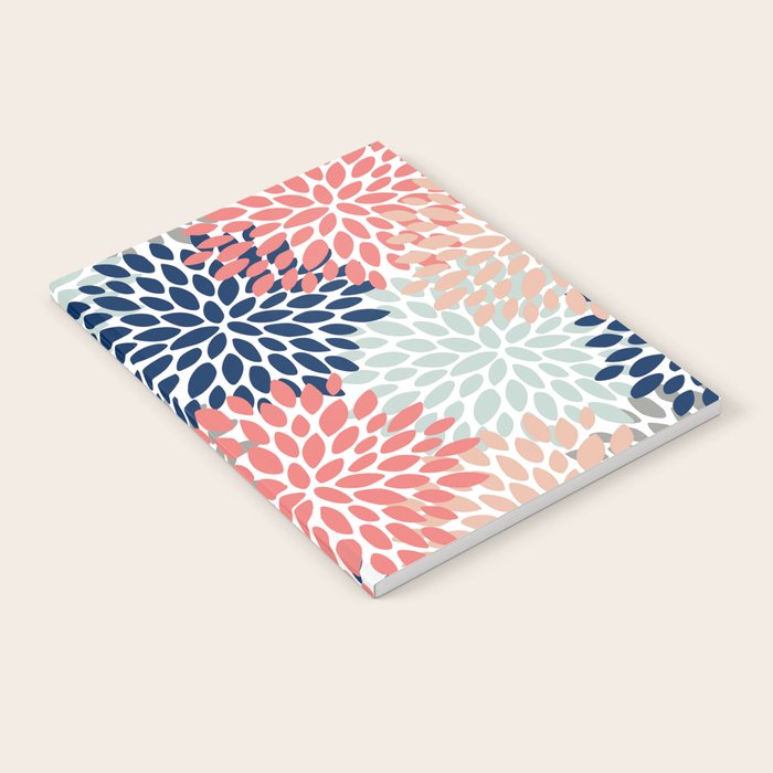Festive, Flowers Print, Blue, Coral, Aqua, Gray Notebook Gallery Image 1