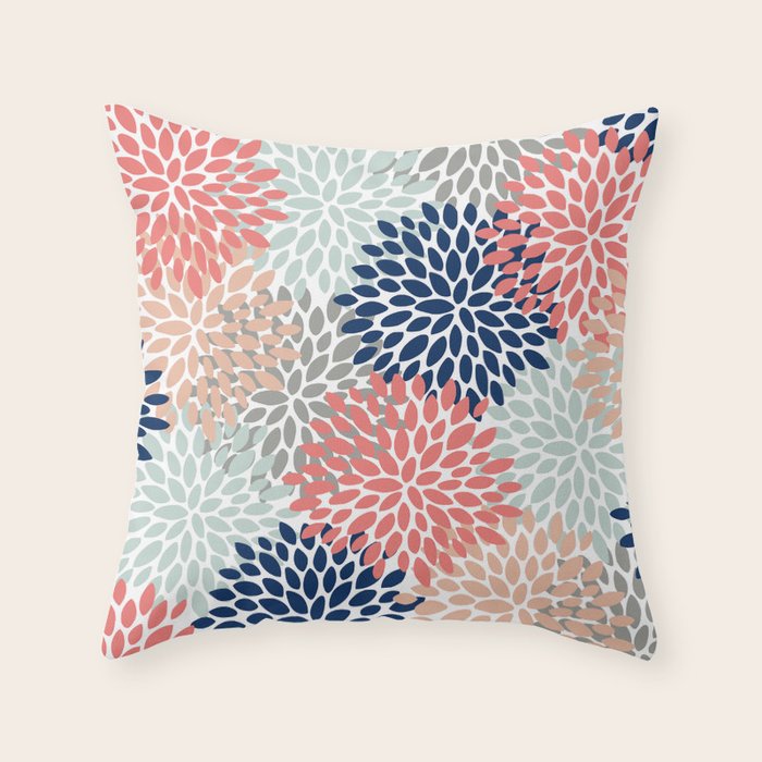 Festive, Flowers Print, Blue, Coral, Aqua, Gray Throw Pillow Gallery Image 1