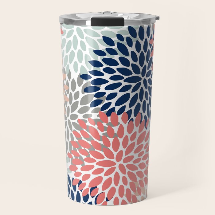 Festive, Flowers Print, Blue, Coral, Aqua, Gray Travel Mug Gallery Image 1