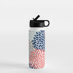 Festive, Flowers Print, Blue, Coral, Aqua, Gray Water Bottle Gallery Image 1