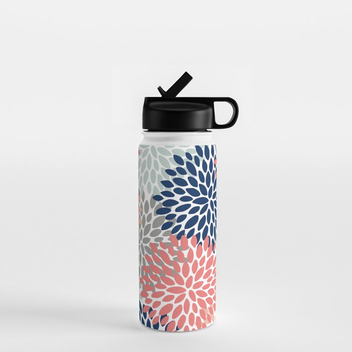 Festive, Flowers Print, Blue, Coral, Aqua, Gray Water Bottle Gallery Image 1