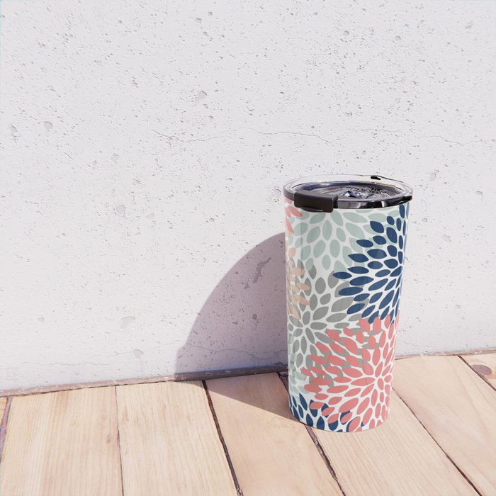 Festive, Flowers Print, Blue, Coral, Aqua, Gray Travel Mug Gallery Image 4