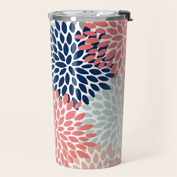Festive, Flowers Print, Blue, Coral, Aqua, Gray Travel Mug Gallery Image 2