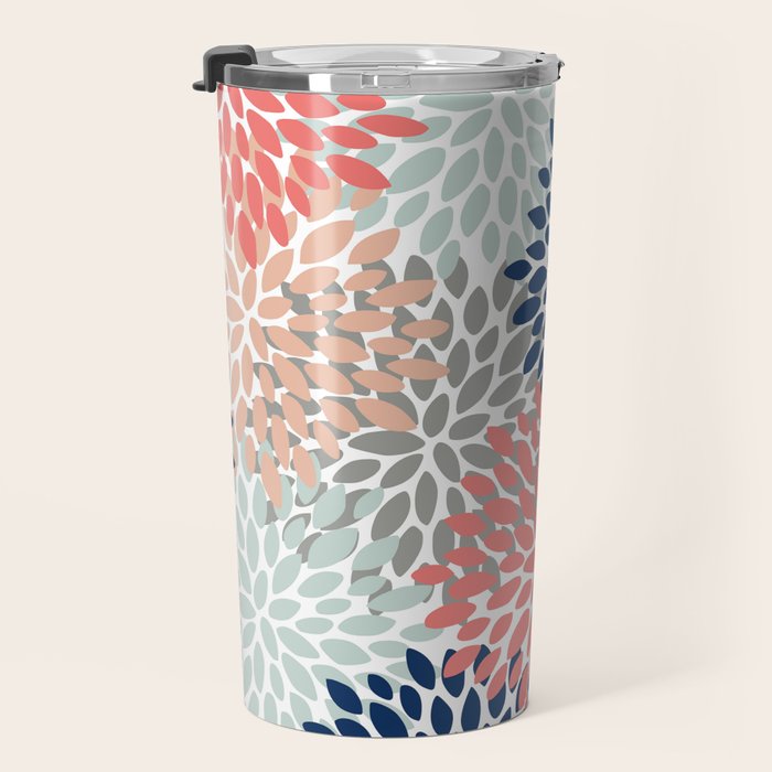 Festive, Flowers Print, Blue, Coral, Aqua, Gray Travel Mug Gallery Image 3