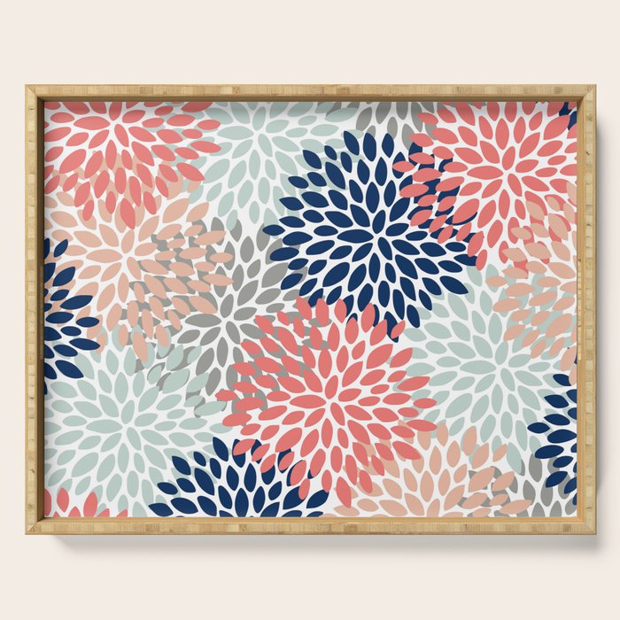 Festive, Flowers Print, Blue, Coral, Aqua, Gray Serving Tray Gallery Image 1