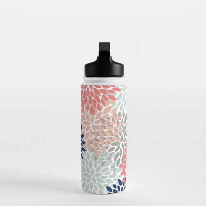 Festive, Flowers Print, Blue, Coral, Aqua, Gray Water Bottle Gallery Image 3