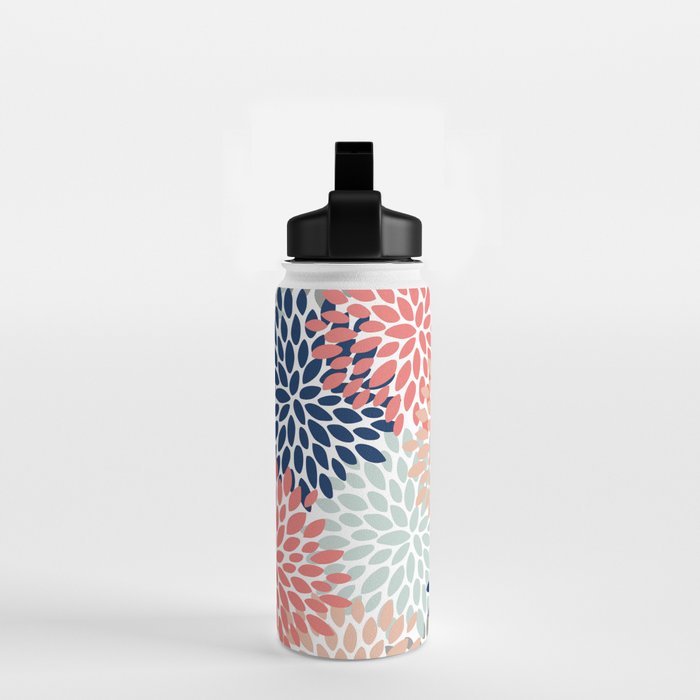Festive, Flowers Print, Blue, Coral, Aqua, Gray Water Bottle Gallery Image 2