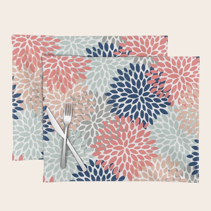 Festive, Flowers Print, Blue, Coral, Aqua, Gray Placemat Gallery Image 1