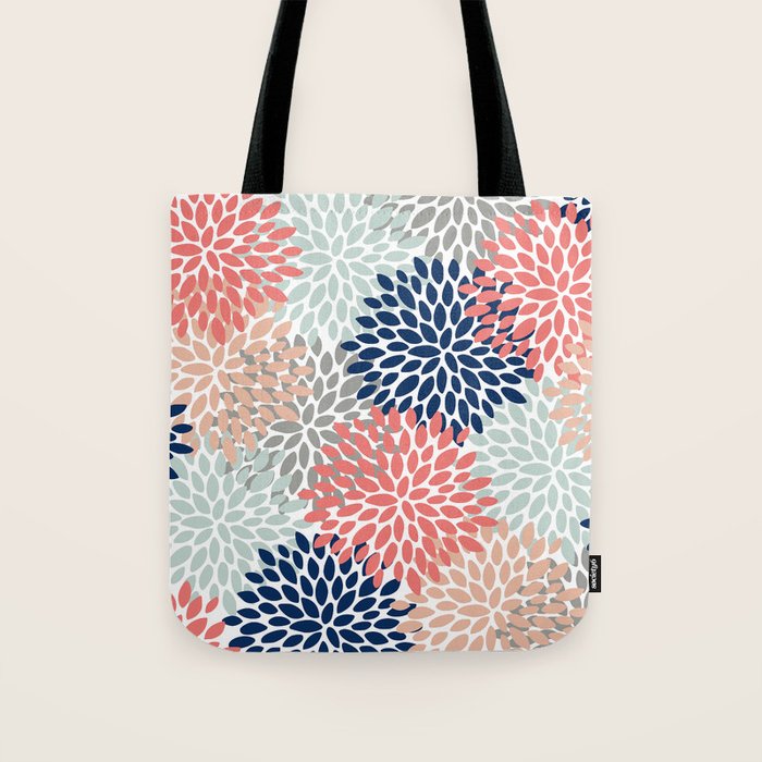 Festive, Flowers Print, Blue, Coral, Aqua, Gray Tote Bag Gallery Image 1