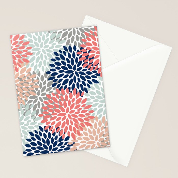 Festive, Flowers Print, Blue, Coral, Aqua, Gray Stationery Card Gallery Image 2
