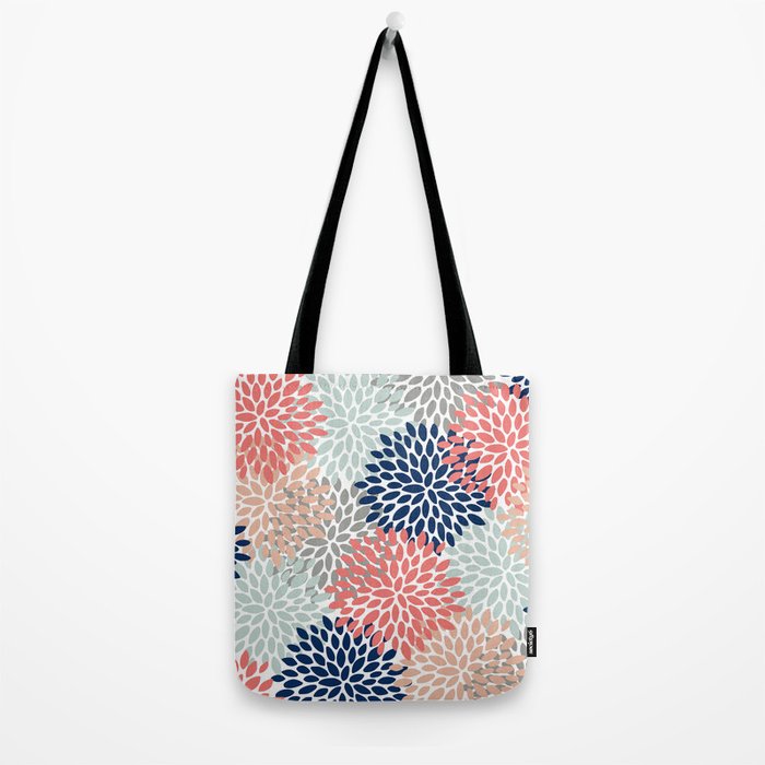 Festive, Flowers Print, Blue, Coral, Aqua, Gray Tote Bag Gallery Image 2
