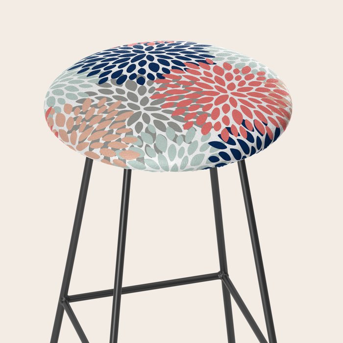 Festive, Flowers Print, Blue, Coral, Aqua, Gray Stool Gallery Image 2