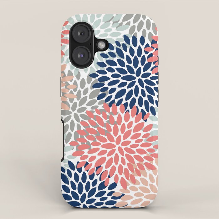 Festive, Flowers Print, Blue, Coral, Aqua, Gray iPhone Case Gallery Image 1