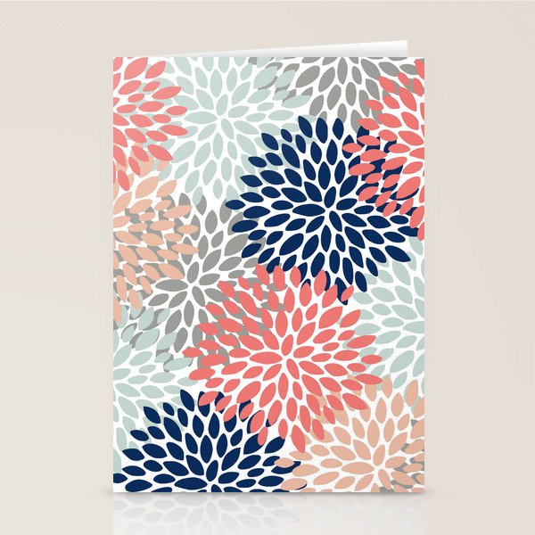 Festive, Flowers Print, Blue, Coral, Aqua, Gray Stationery Card Gallery Image 2