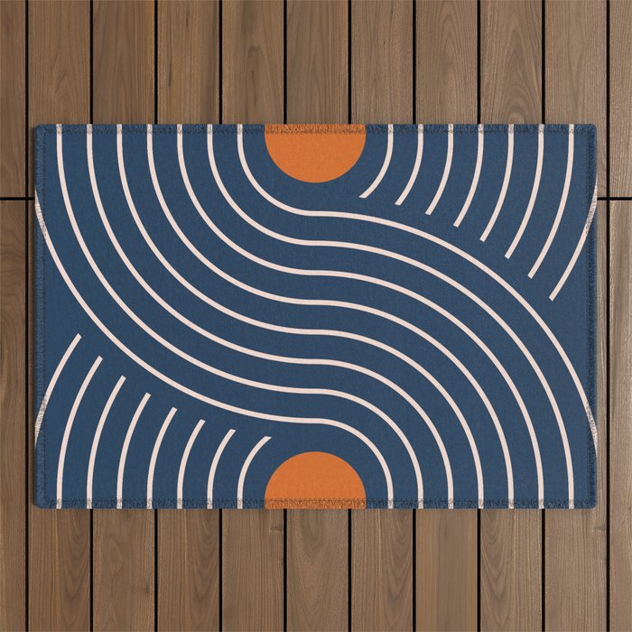 Geometric Lines in Navy and Orange (Rainbow and Moon Phases Abstract) Outdoor Rug Gallery Image 1