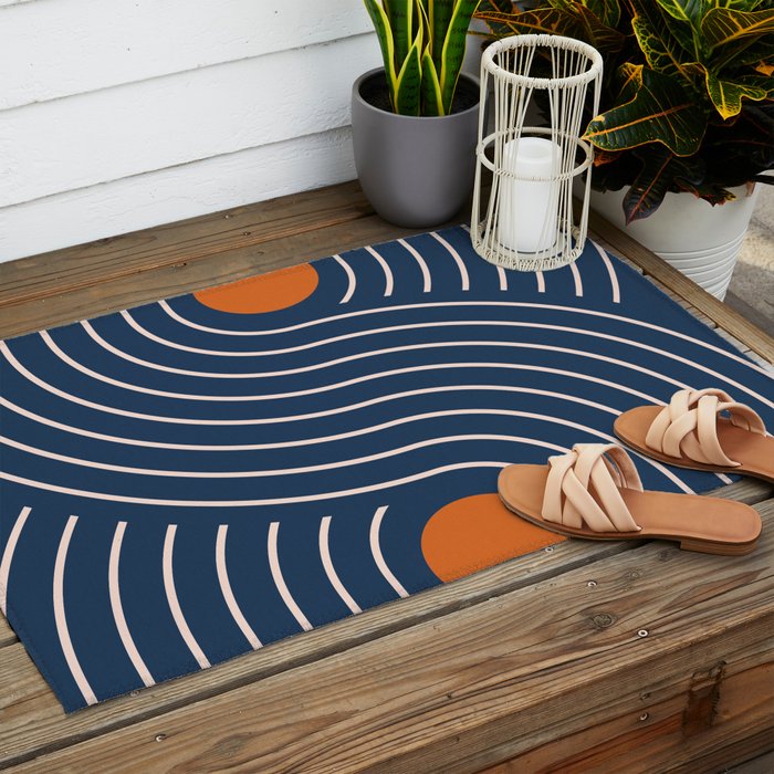 Geometric Lines in Navy and Orange (Rainbow and Moon Phases Abstract) Outdoor Rug Gallery Image 2