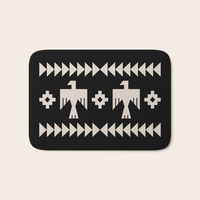 Southwestern Eagle and Arrow Pattern 121 Black and Linen White Bath Mat Gallery Image 1