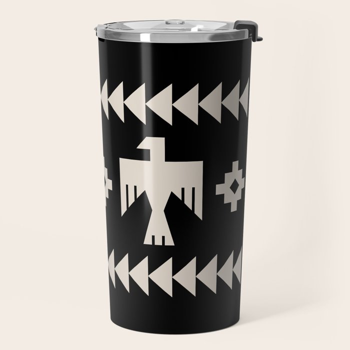 Southwestern Eagle and Arrow Pattern 121 Black and Linen White Travel Mug Gallery Image 2