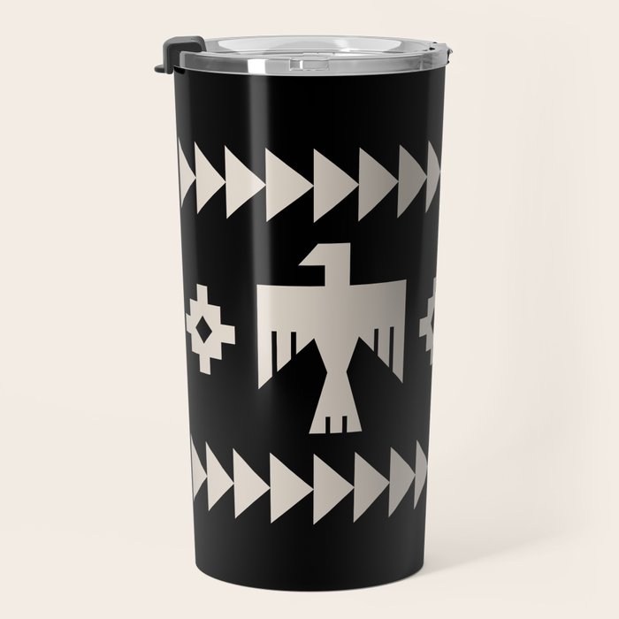 Southwestern Eagle and Arrow Pattern 121 Black and Linen White Travel Mug Gallery Image 3