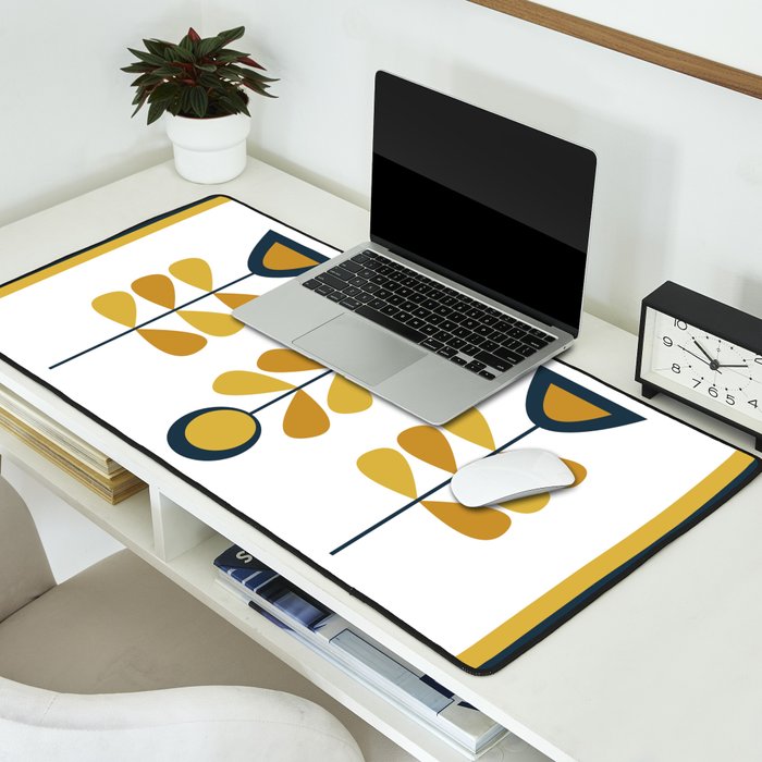 Scandi Garden Floral Triplet Framed - Light Mustard, Dark Mustard, Navy Blue, White Desk Mat Gallery Image 2