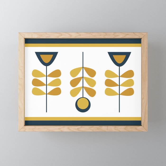 Scandi Garden Floral Triplet Framed - Light Mustard, Dark Mustard, Navy Blue, White Mini Art Print Gallery Image 1