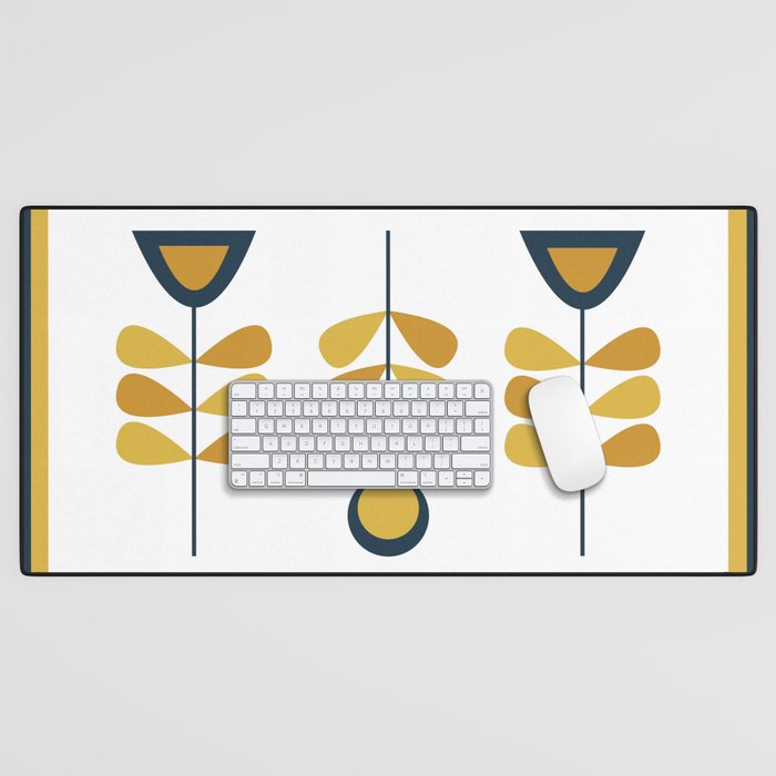 Scandi Garden Floral Triplet Framed - Light Mustard, Dark Mustard, Navy Blue, White Desk Mat Gallery Image 1