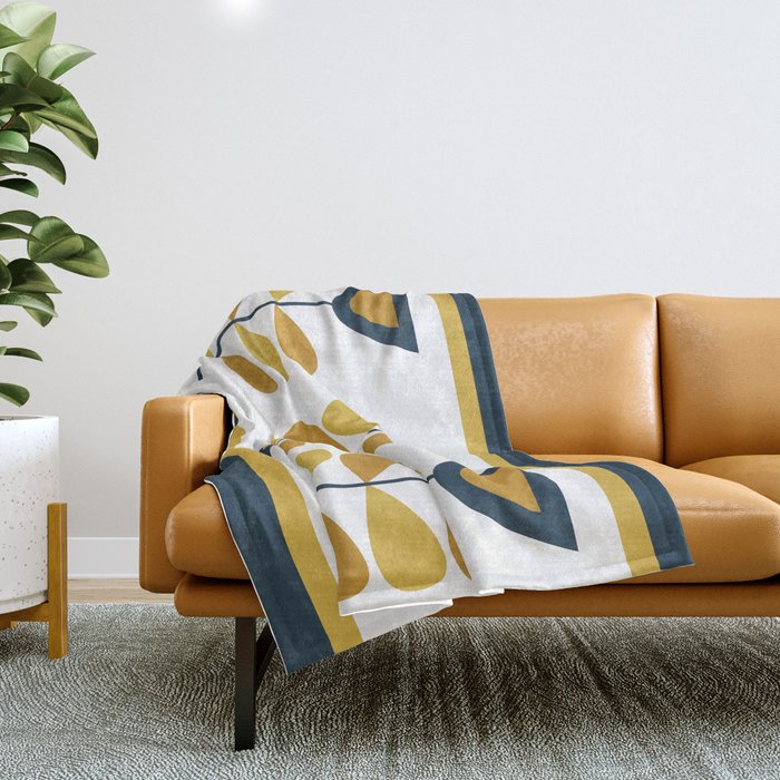 Scandi Garden Floral Triplet Framed - Light Mustard, Dark Mustard, Navy Blue, White Throw Blanket Gallery Image 1