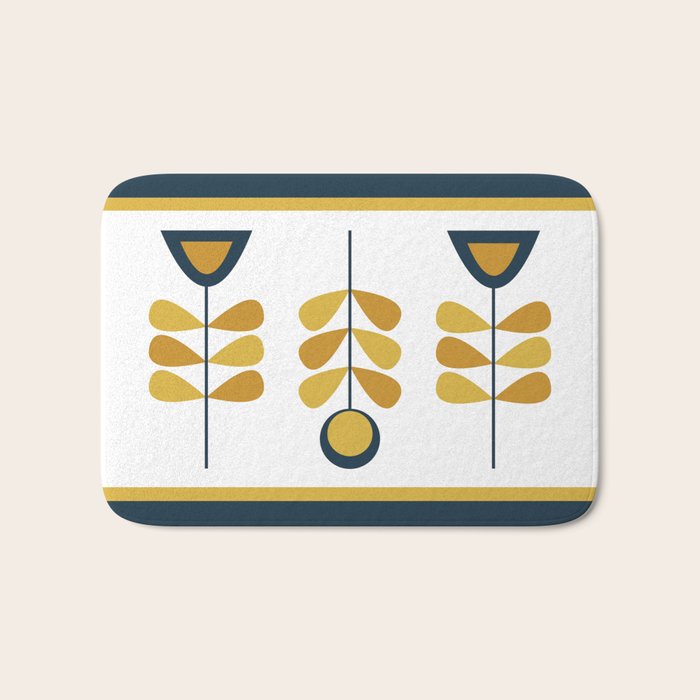 Scandi Garden Floral Triplet Framed - Light Mustard, Dark Mustard, Navy Blue, White Bath Mat Gallery Image 1