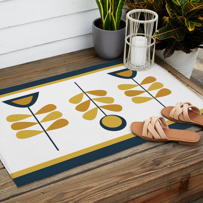 Scandi Garden Floral Triplet Framed - Light Mustard, Dark Mustard, Navy Blue, White Outdoor Rug Gallery Image 2