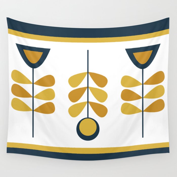 Scandi Garden Floral Triplet Framed - Light Mustard, Dark Mustard, Navy Blue, White Wall Tapestry Gallery Image 4