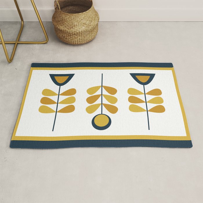 Scandi Garden Floral Triplet Framed - Light Mustard, Dark Mustard, Navy Blue, White Rug Gallery Image 1