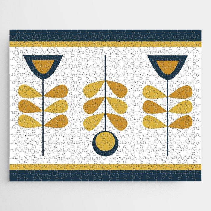 Scandi Garden Floral Triplet Framed - Light Mustard, Dark Mustard, Navy Blue, White Jigsaw Puzzle Gallery Image 1