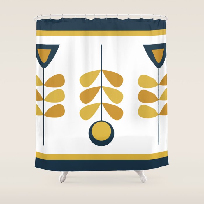 Scandi Garden Floral Triplet Framed - Light Mustard, Dark Mustard, Navy Blue, White Shower Curtain Gallery Image 1