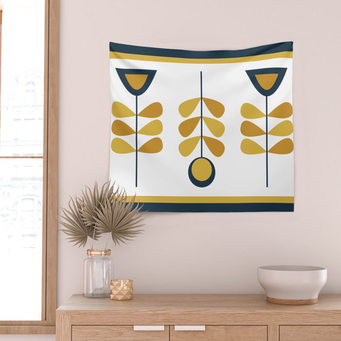 Scandi Garden Floral Triplet Framed - Light Mustard, Dark Mustard, Navy Blue, White Wall Tapestry Gallery Image 2