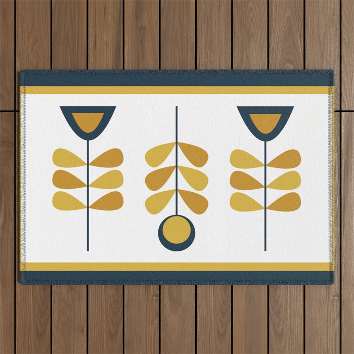 Scandi Garden Floral Triplet Framed - Light Mustard, Dark Mustard, Navy Blue, White Outdoor Rug Gallery Image 1