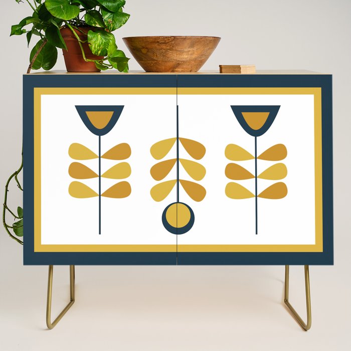 Scandi Garden Floral Triplet Framed - Light Mustard, Dark Mustard, Navy Blue, White Credenza Gallery Image 1