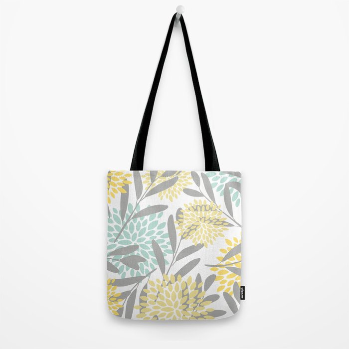Floral Prints, Leaves and Blooms, Gray, Yellow and Aqua Tote Bag Gallery Image 2