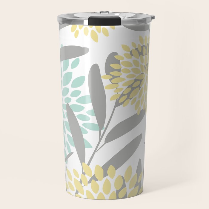 Floral Prints, Leaves and Blooms, Gray, Yellow and Aqua Travel Mug Gallery Image 1