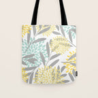Floral Prints, Leaves and Blooms, Gray, Yellow and Aqua Tote Bag Gallery Image 1