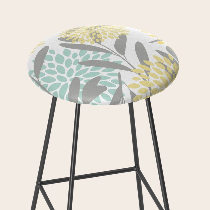 Floral Prints, Leaves and Blooms, Gray, Yellow and Aqua Stool Gallery Image 2