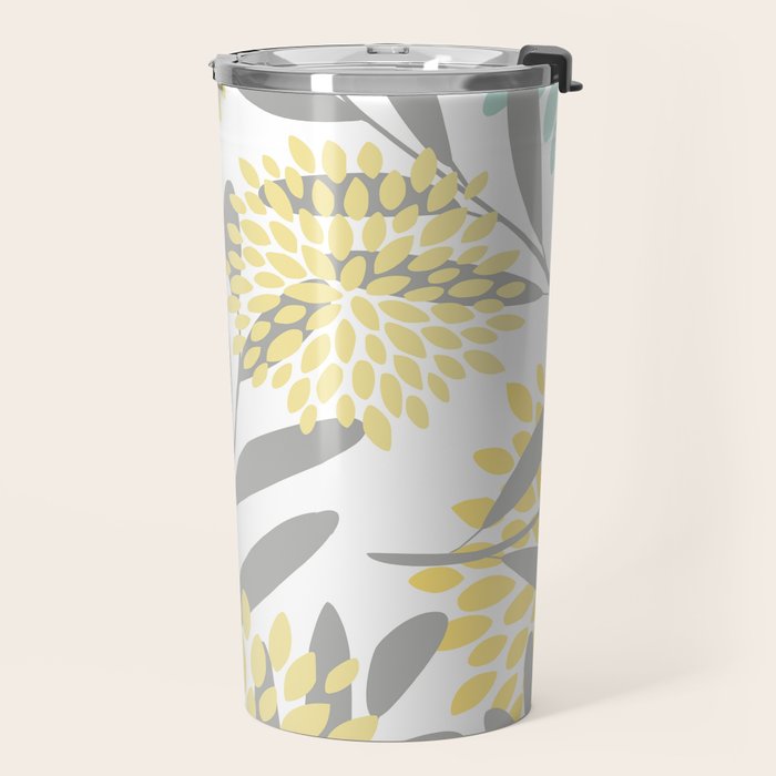 Floral Prints, Leaves and Blooms, Gray, Yellow and Aqua Travel Mug Gallery Image 2