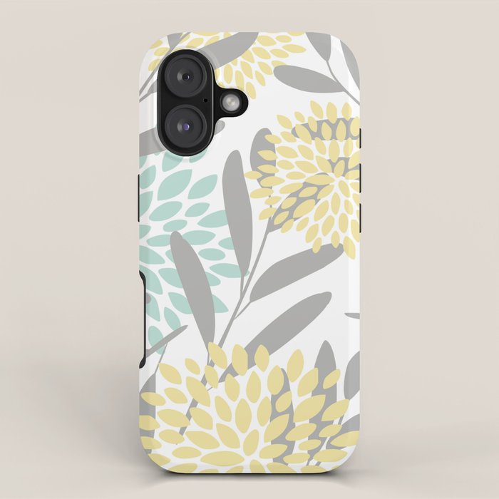 Floral Prints, Leaves and Blooms, Gray, Yellow and Aqua iPhone Case Gallery Image 1