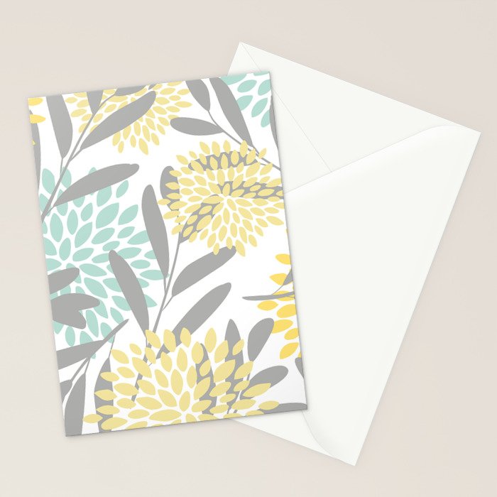 Floral Prints, Leaves and Blooms, Gray, Yellow and Aqua Stationery Card Gallery Image 2