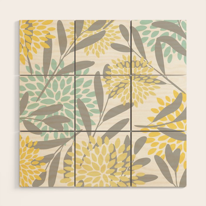 Floral Prints, Leaves and Blooms, Gray, Yellow and Aqua Wood Wall Art Gallery Image 1